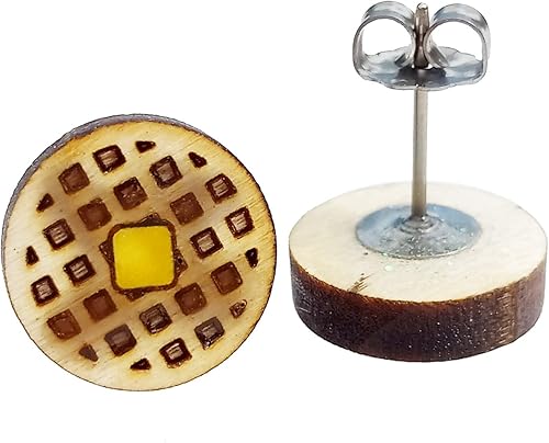 Toaster Waffle Stud Earrings, Frozen Waffles with Butter and Syrup Brunch Food Diner Wood Studs Jewerly