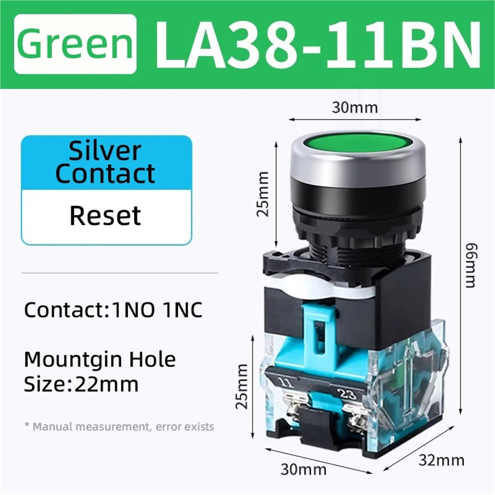 10 pièces interrupteur à bouton poussoir LA38-11BN 22mm 10A 1NO 1NC(Green,Brass Contact,Locking Latching)