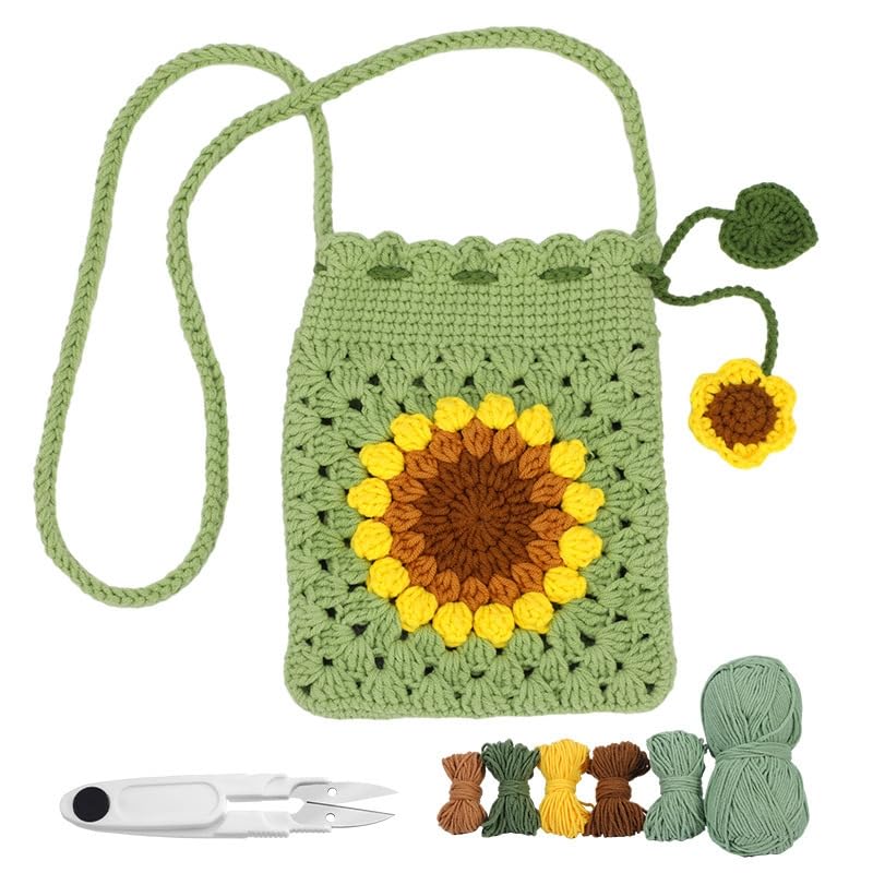 DanLingJewelry Kit de bolsa de crochê de girassol de cor verde, faça você mesmo, floral, crochê com tutoriais passo a passo, ferramentas de crochê, suprimentos para amantes de crochê