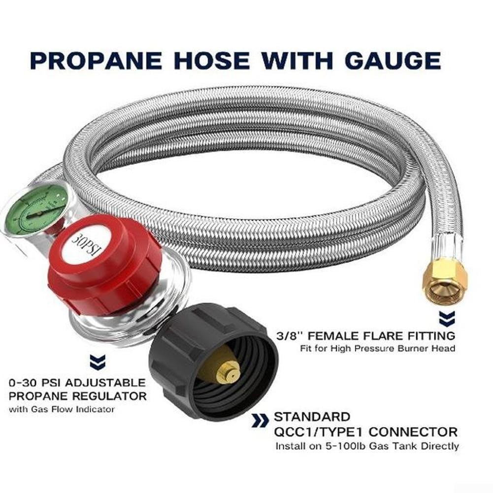 Regolatore Propano Regolabile con Manometro e Tubo per intrecciato 5FT per Grill BBQ per campeggio Stufa Gas per qcc1(12FT)