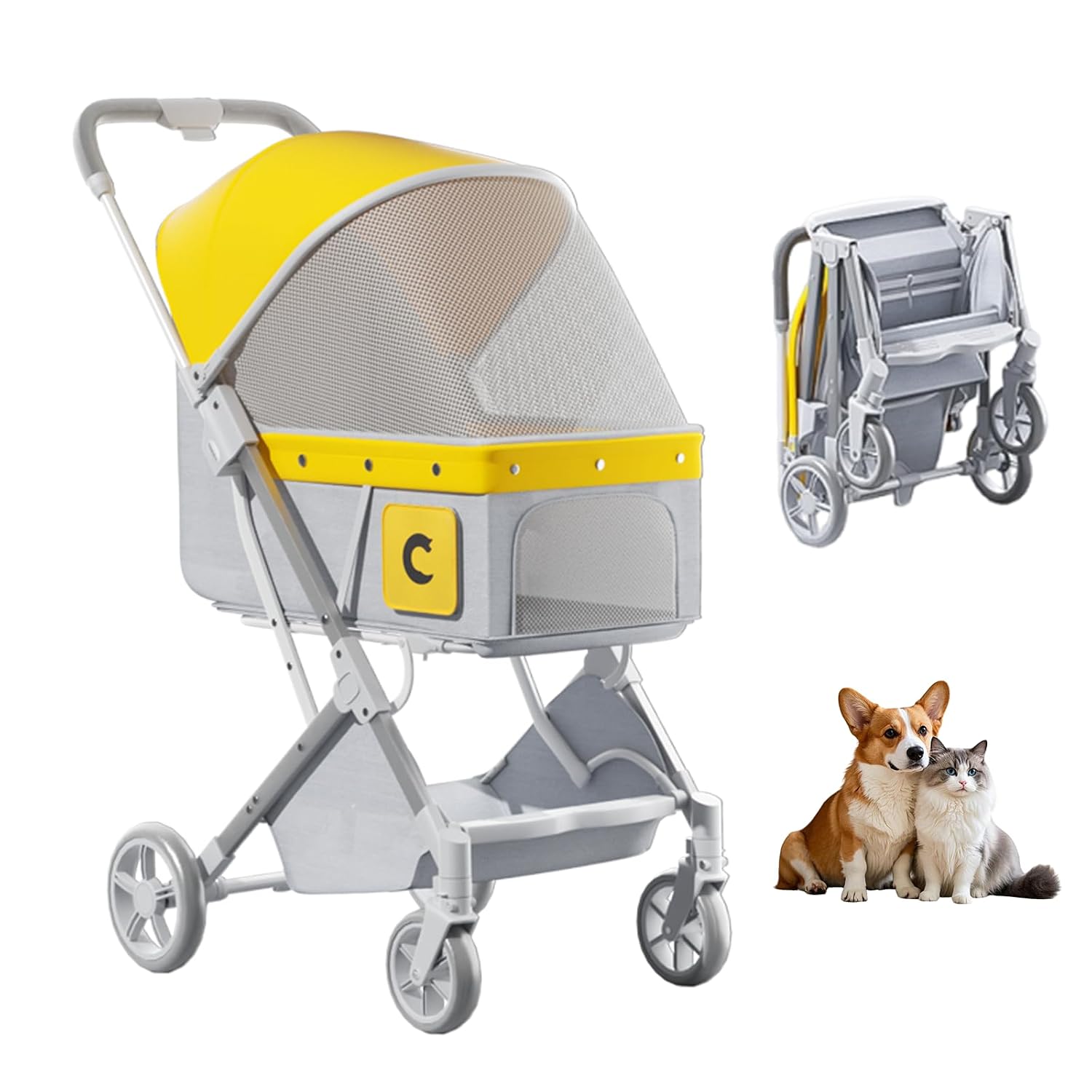 Dog Strollers for Small Medium Dogs 20 lbs,4 Wheels All-Terrain Cat Stroller,One-Click Folding Pet Stroller,Breathable Mesh,Storage Basket(Yellow)