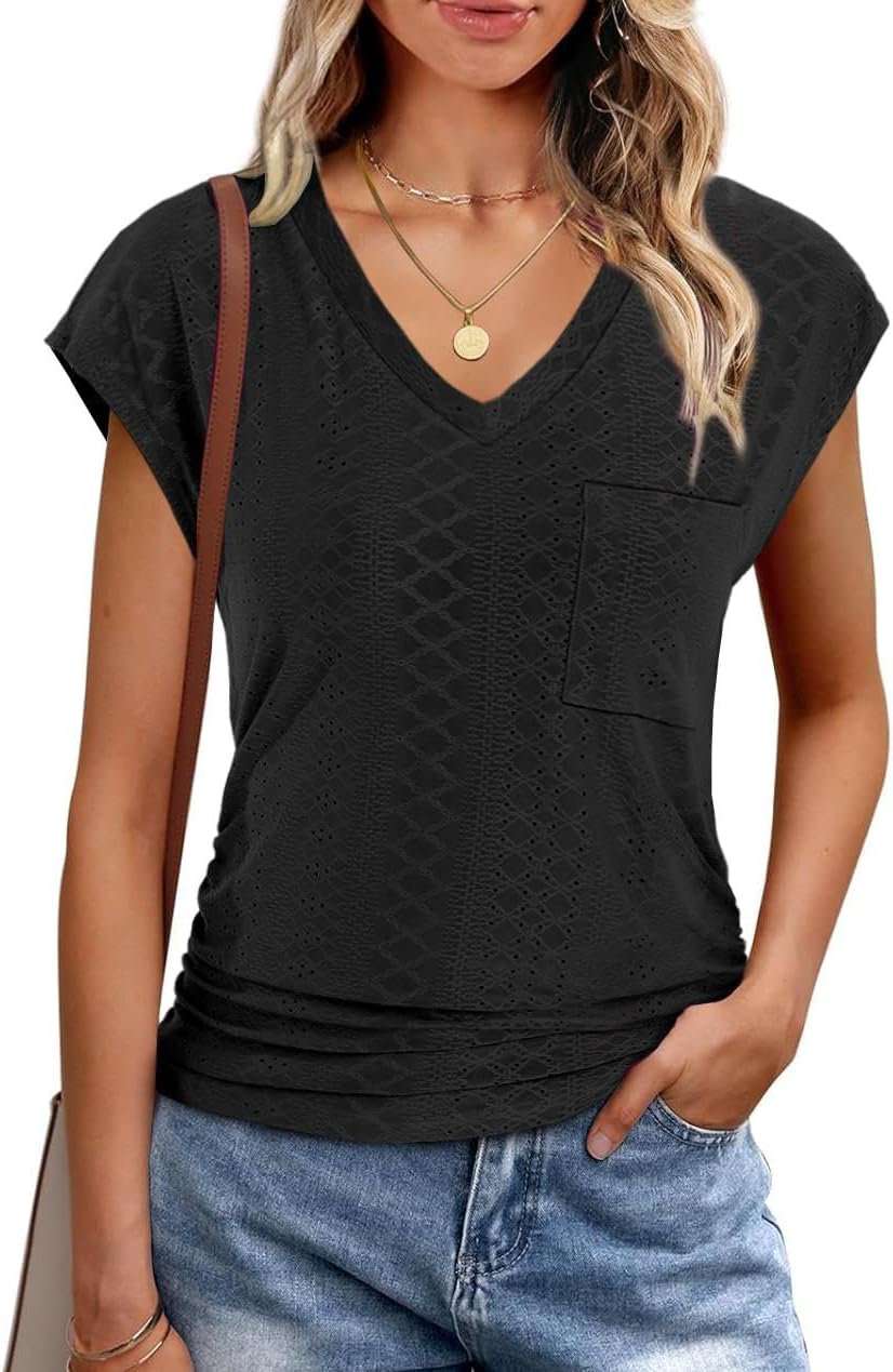 Eyelet Womens Tops Cap Sleeve V Neck T Shirts for Women Summer Shirts