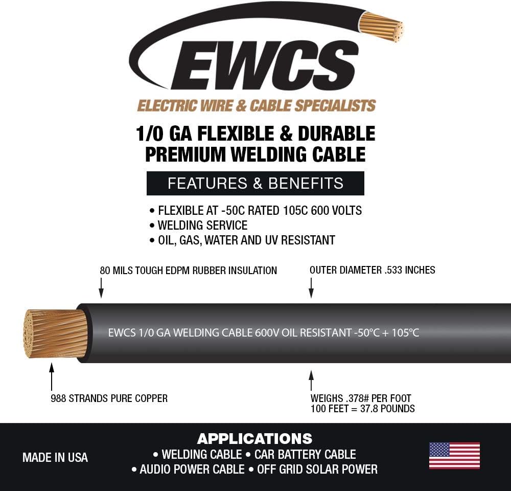 Tор Brаndѕ EWCS 1/0 Gauge Premium Extra Flexible Welding Cable 600 Volt - Black 20 Feet - Made in the USA Buу 1 gеt 1 EWCS 1/0 Gauge Premium Extra Flexible Welding Cable 600 Volt - Black 20 Feet - Made in the USA