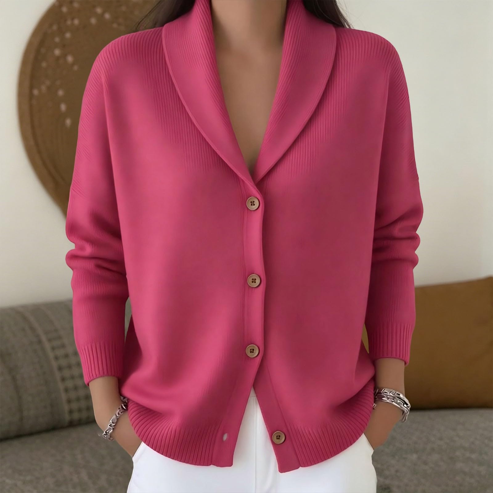 Generisch Chaqueta de punto para mujer, manga larga, cárdigan de cachemira, chaqueta de solapa, cuello en V, con volantes, elegante cárdigan de punto con botones, manga larga con botones, suéter otoño