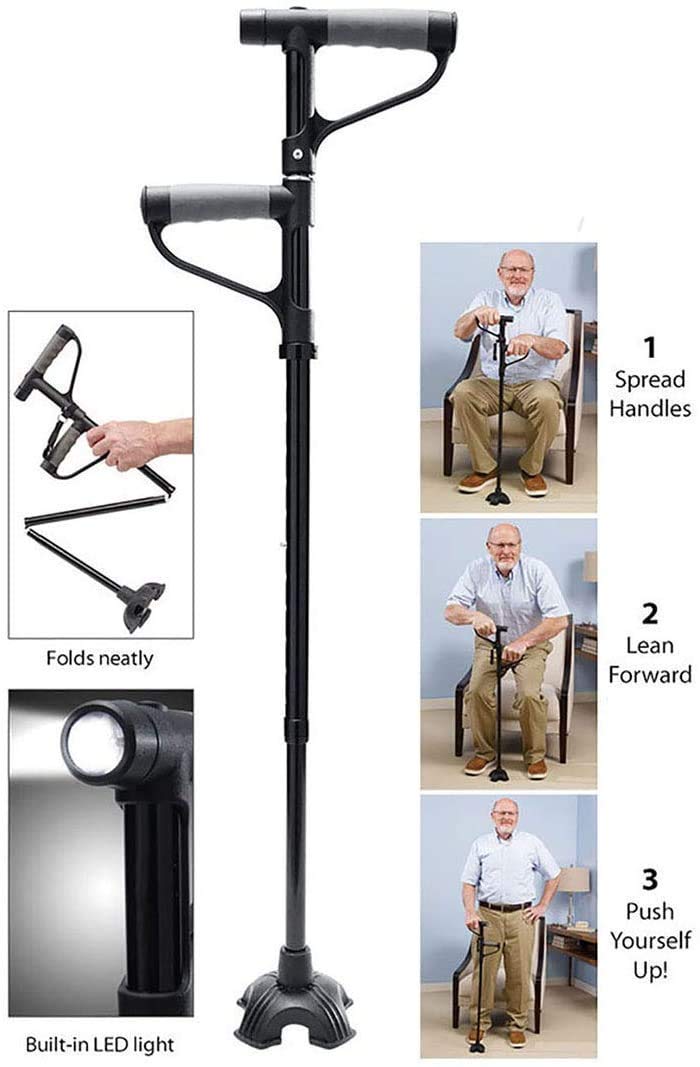 Bastón para caminar LED, fácil de ajustar en altura Plegable Extensible Bastón para caminar Ayuda para caminar Ayuda para la movilidad Bastón plegable con mango lateral plegable, negro, muletas Times