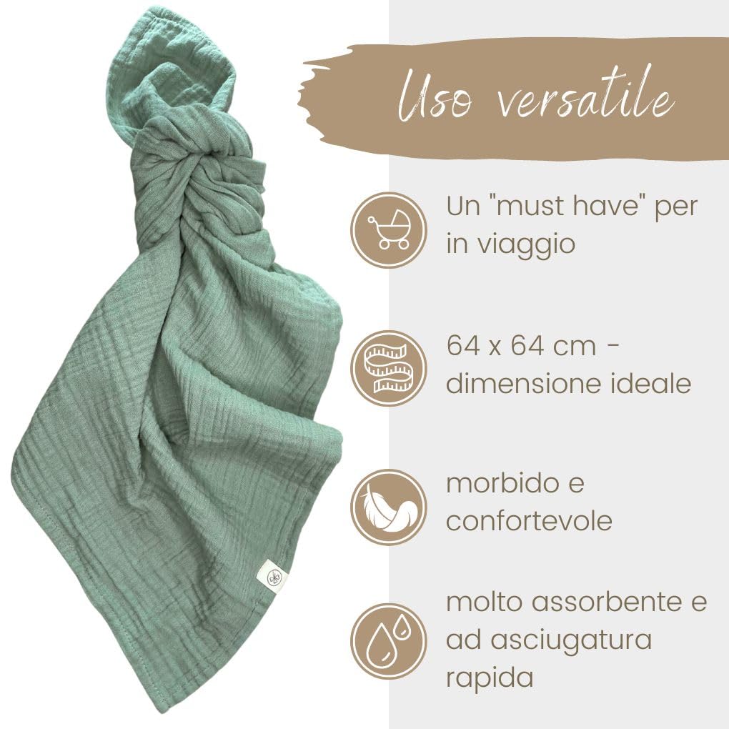 Set 3 Mussole Neonato In Cotone Bio - 64x64 Cm, Morbide E Assorbenti - Per Bambino E Bambina - Foto 8