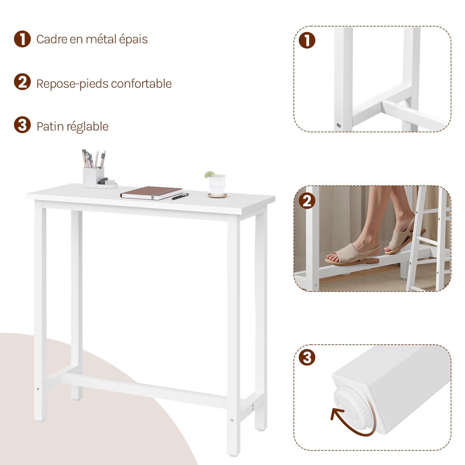 WOLTU Table Bar avec 2 Tabourets Ronds Hauts, Ensemble Table et Tabourets Industriels, pour Bar, Salle à Manger, Îlot de Cuisine, avec Structure en Métal, Blanc