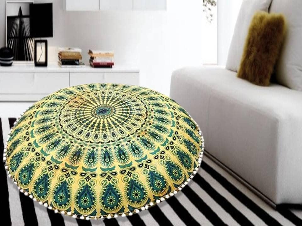 Bohemian Indian Decorative Floor Pillow Cover Boho Mandala Hippie Cushion Cover Sea Ottoman Poufs, Pom Pom Pillow Cases 22 Inch (55.88 cm) (Yellow Dye)-image-15