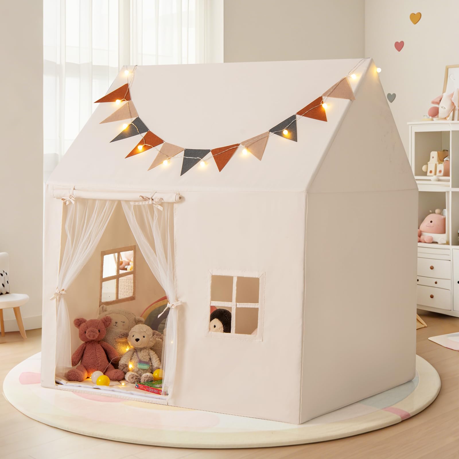 GOPLUS Spielhaus Kinder Indoor, Kinderzelt für Drinnen mit rutschfeste Matte, Lichterkette, Fahnen, 3 Fenstern & Mesh-Vorhängen, kinderspielzelt für Mädchen & Jungen ab 3 Jahren (Beige)