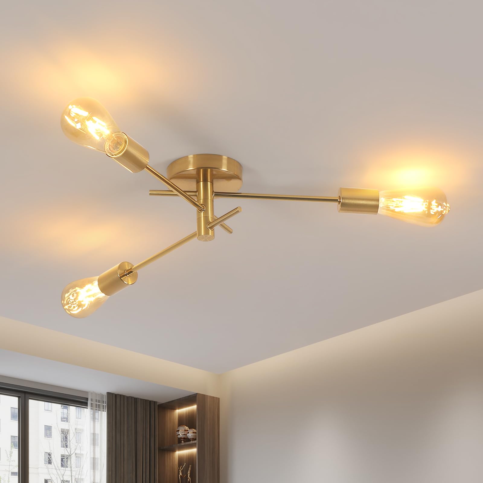 Riserva E27 Lustre Vintage Sputnik, 3 Lumières Plafonnier Industriel avec rotation de 180, Doré Plafonniers en Métal pour Salon Cuisine Salle à Manger Chambre