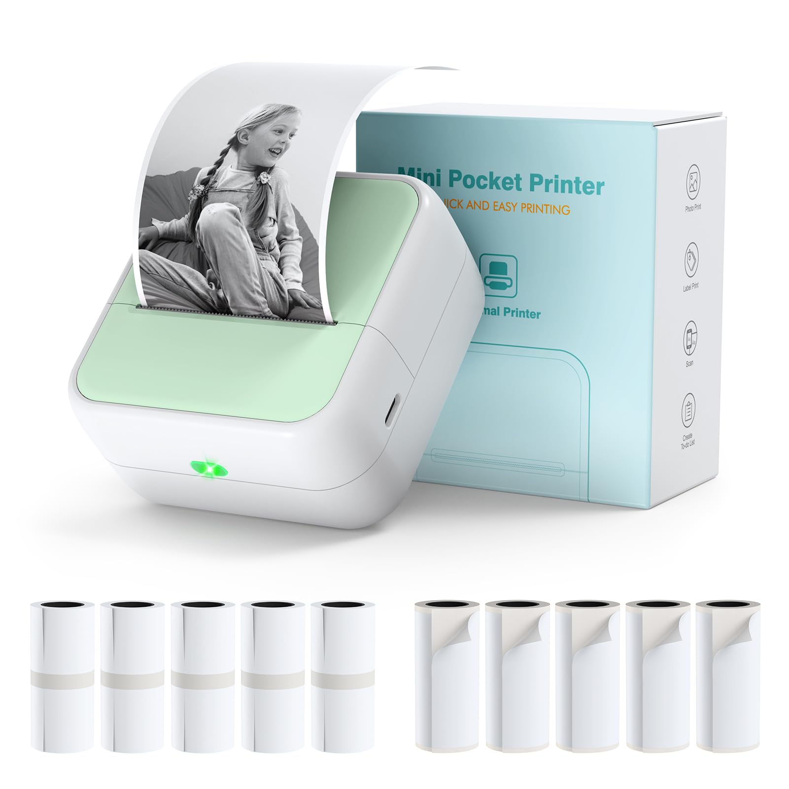 Bisofice Mini Stampante Portatile Per Cellulare, Piccola Stampante Termica Bluetooth Senza Inchiostro Compatibile con Android e IOS, Per Fotografica, Note, Diario, Elenco, Memo - Verde