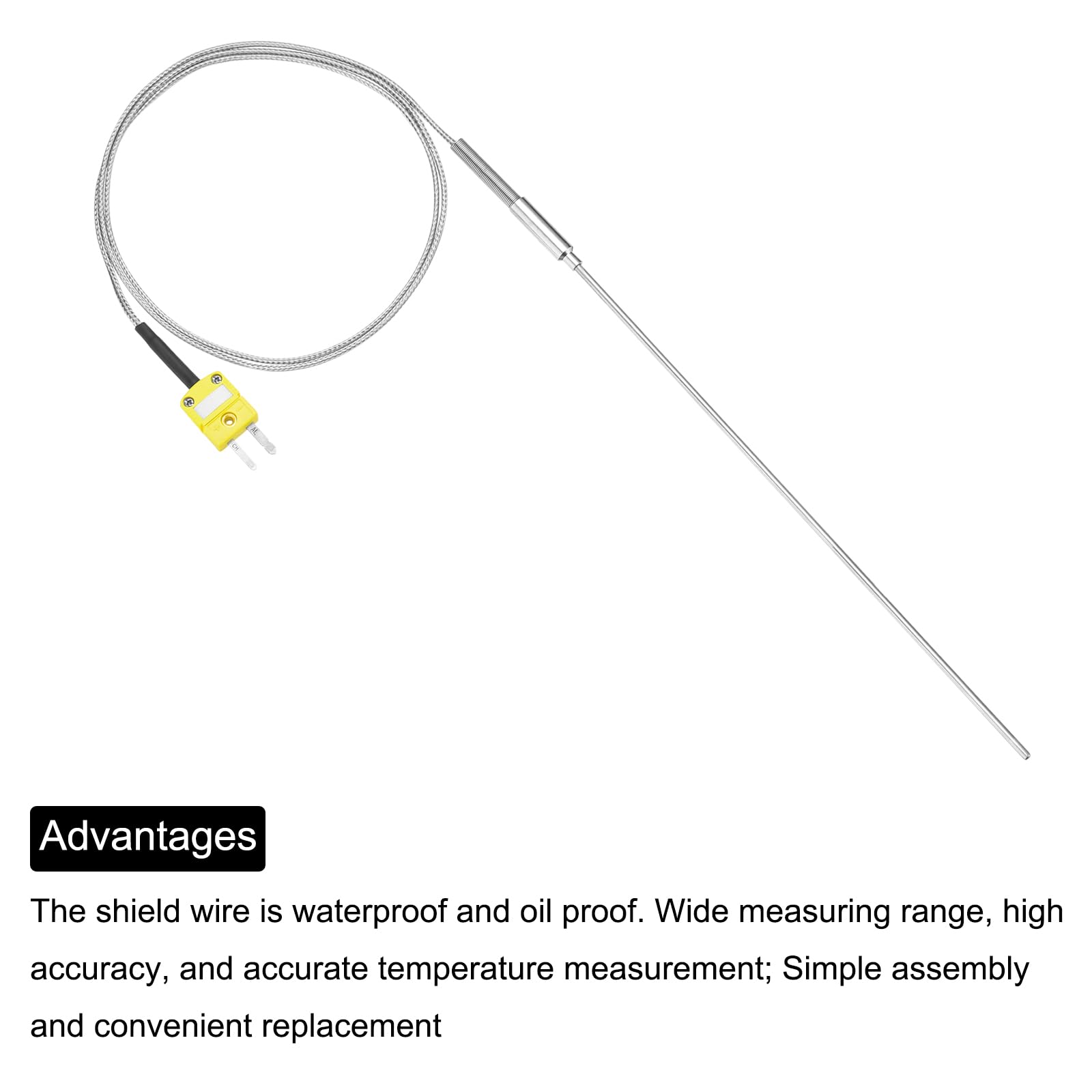 QUARKZMAN Termopara typu K ze złączem, czujnik temperatury 1,6 x 300 mm, sonda -50 do 1100°C (-58 do 2012°F), kabel ze stali nierdzewnej 1000 mm