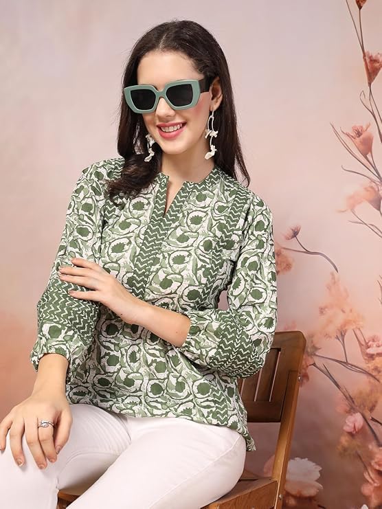Image of Avayayat Women's Cotton Style Short Kurti for Women | Printed Straight Cotton Kurta | Round Neck Full Sleeves Short Kurti for Women's | Solid Printed Short Kurti Green