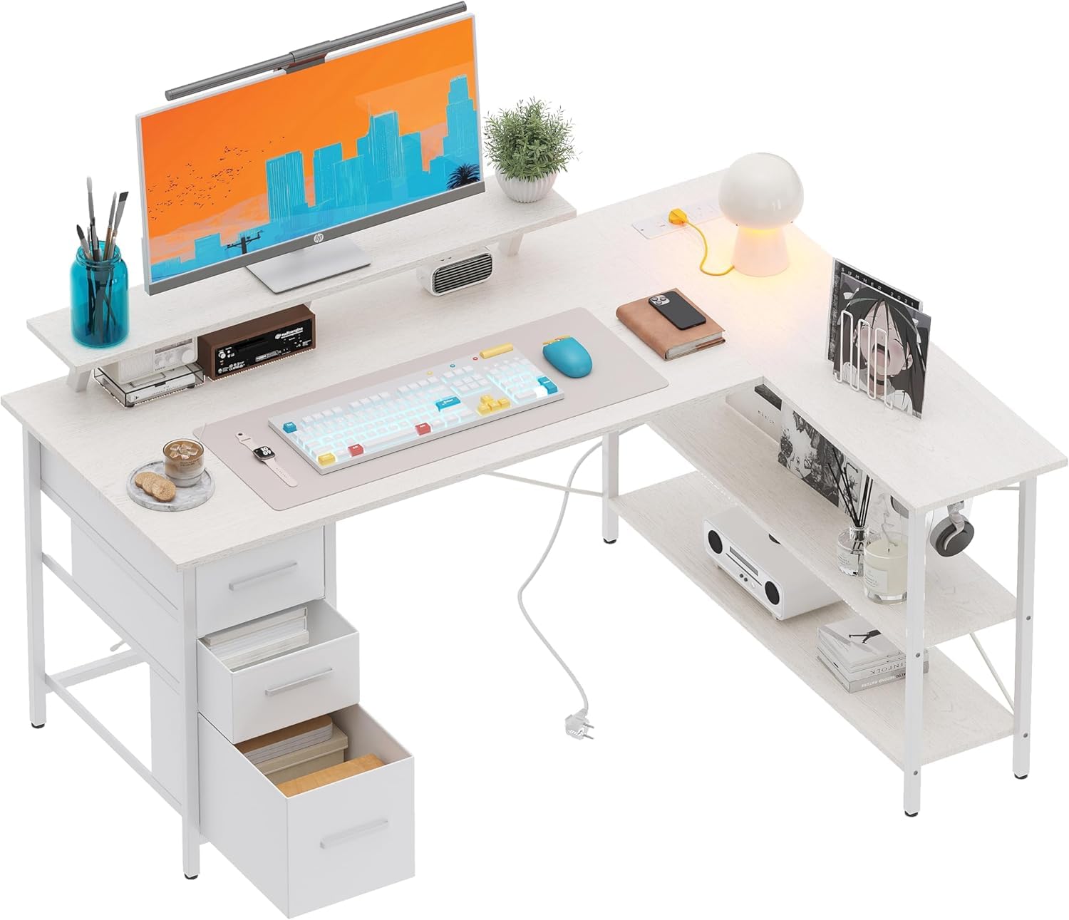 Scrivania a forma di L con 3 cassetti in tessuto, 120 x 80 cm, scrivania angolare reversibile con supporto per monitor, spina e porta di ricarica USB per home office, bianco