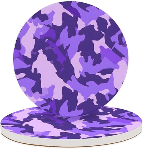 2PCS Coasters for Drinks,Fashion Purple Camo Absorbent Cork Coasters Set Camouflage Texture Reusable Coasters for Home Office Coffee Bar