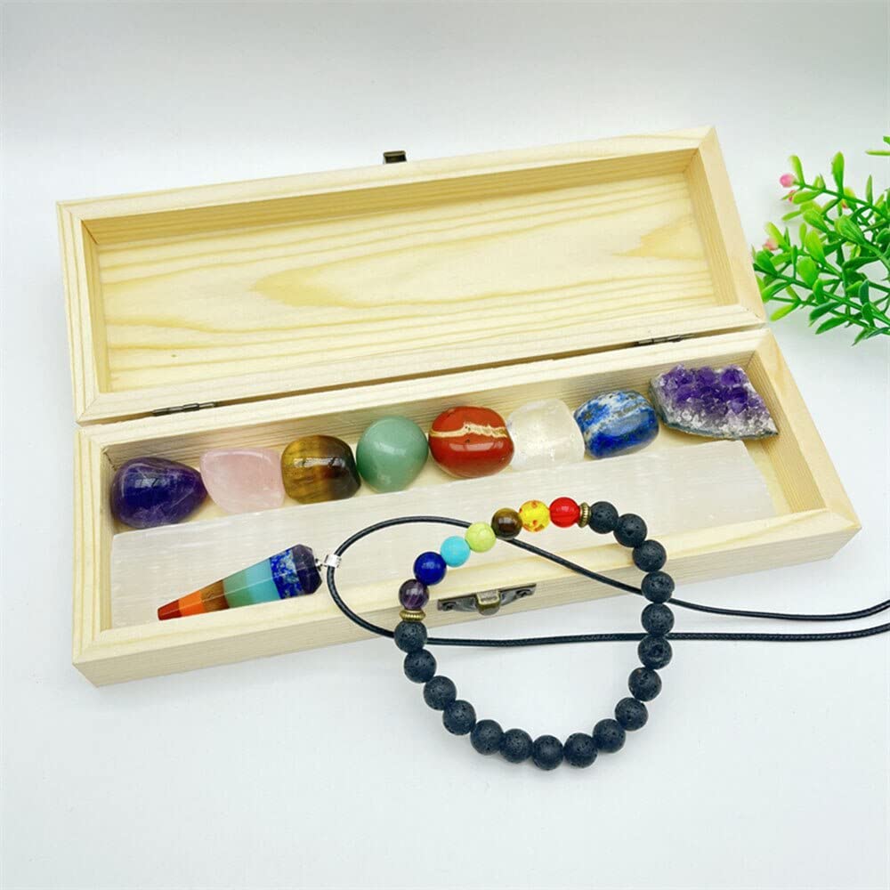 FFIME Seven Tumbled Gravel Wooden Box Set Natural Stone Crystal for Room Decoration - (Size: 1 Set)