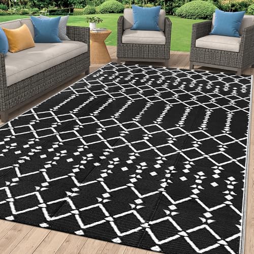 Homaxy Outdoor Rug 120x180cm Waterproof Reversible Plastic Straw UV-Resistant Garden Mat Foldable Boho Anti-slip Area Rugs for Patio Camping Picnic Balcony Backyard Black & White