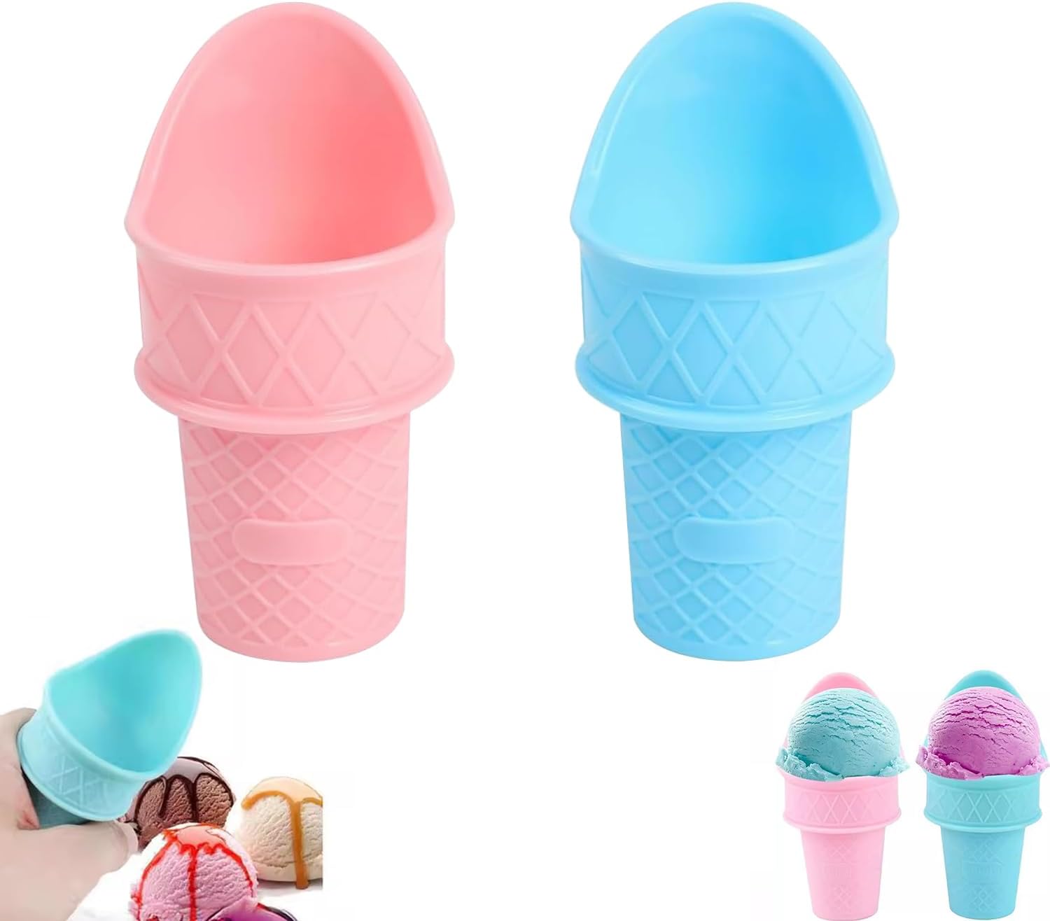 Vanleonet Ice Cream Cone Holder, Kiddie Cones Ice Cream Scoops,2024 New Plastic Ice Cream Snow Cone Rack,Reusable Food Grade Ice Cream Cup Spoon For Birthday Party, Gifts For Kids（2PCS）