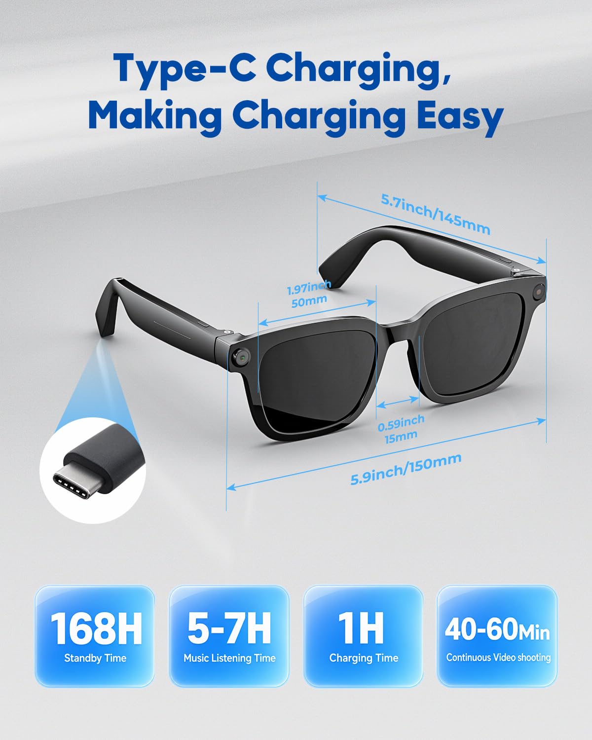 Lunettes Intelligentes avec Caméra et Bluetooth, 8 Mpx, HD 1200P | en Charge L'enregistrement Photo/Vidéo/Audio, La Traduction en Temps Réel, L'assistant Vocal et La Reconnaissance D'objets