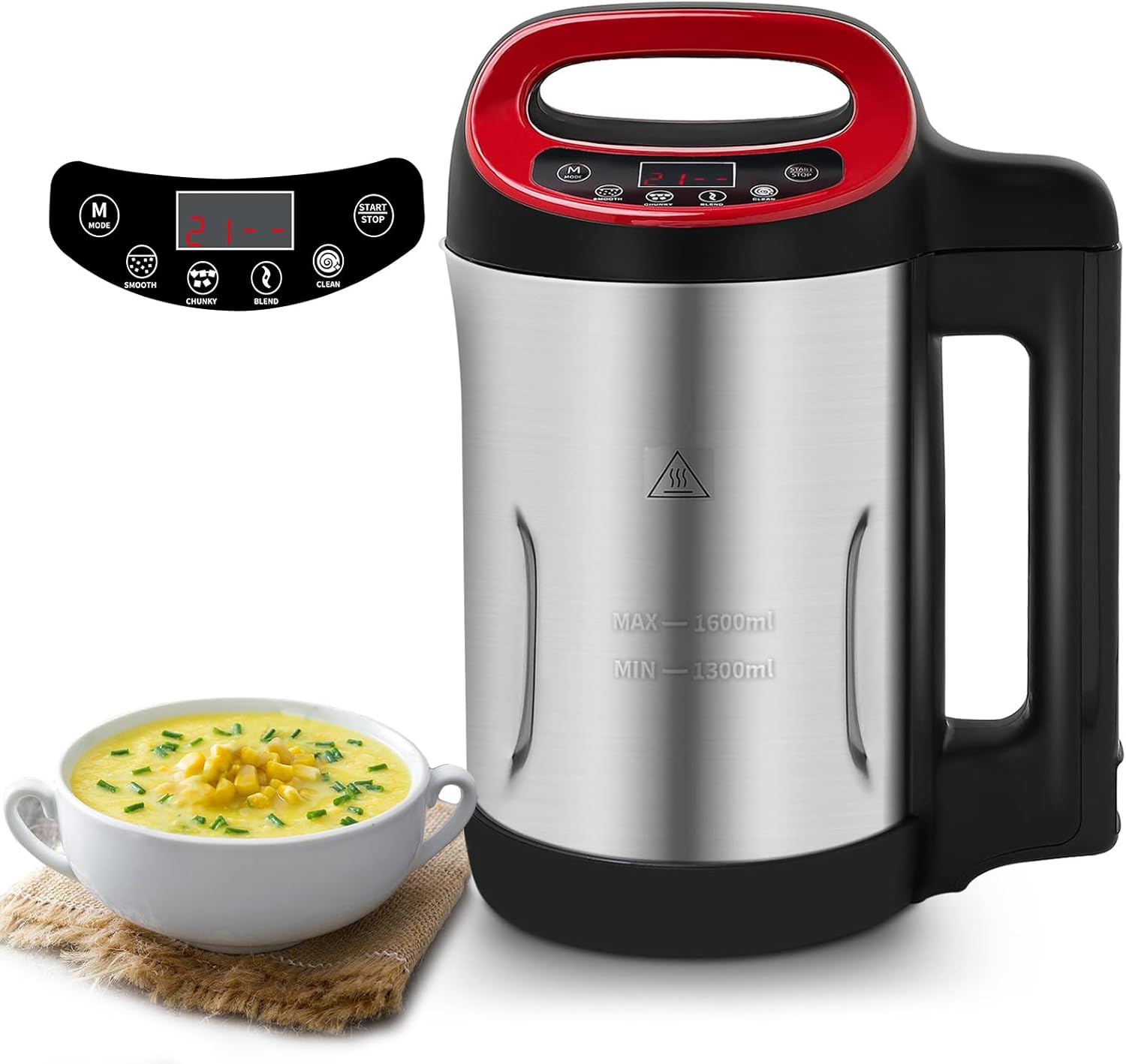 Soup Maker 1.6 L, 4-in-1 Multifunctional Smooth Soup and Chunky Soup Machine Maker with LCD Control Panel, Stainless Steel Electric Hot Soup Maker, 2-5 Servings, Smart Living for Home Use