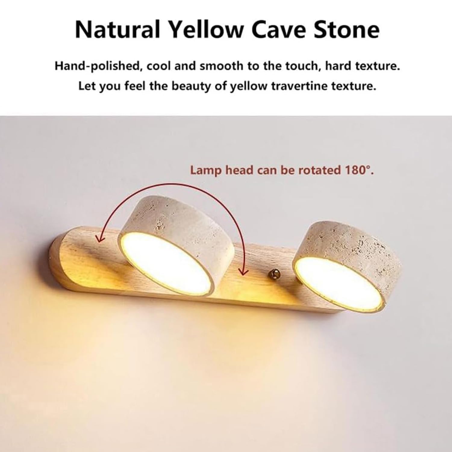 Aplique de Baño LED Giratorio 180° de Madera Natural y Travertino Amarillo - para Espejo de Vanity | 2, 3 o 4 Luces | Lámpara de Pared para Baño y Dormitorio (Madera de nogal, A32cm)