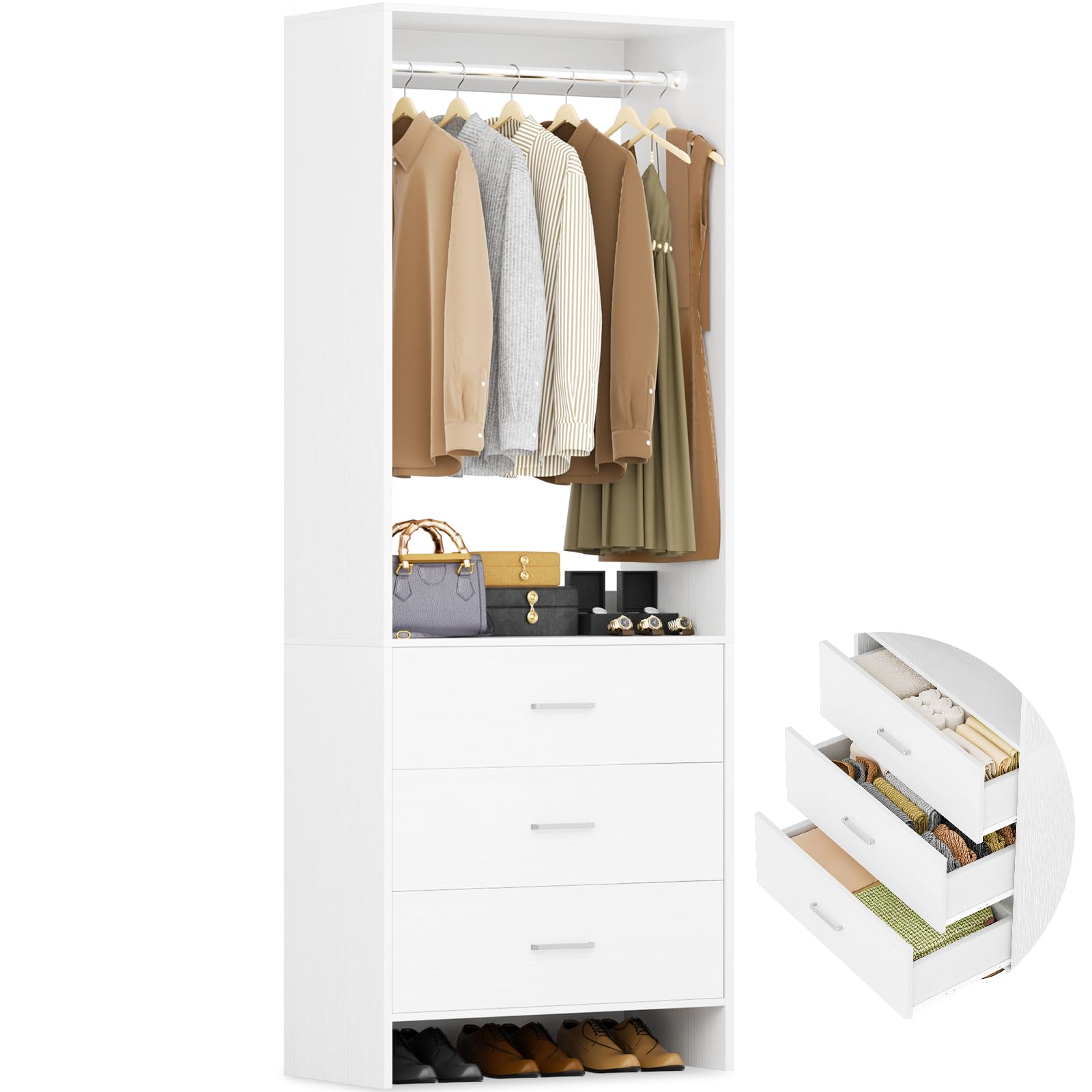 Condition photo showing New/Like New for Aheaplus 2FT Closet System with 3 Drawers, 24'' Closet Organizer, Wood Closet Organizer System, Walk-in Closet or Small Closets Wardrobe, Clothes Rack with Hanging Rods,-E6, White
