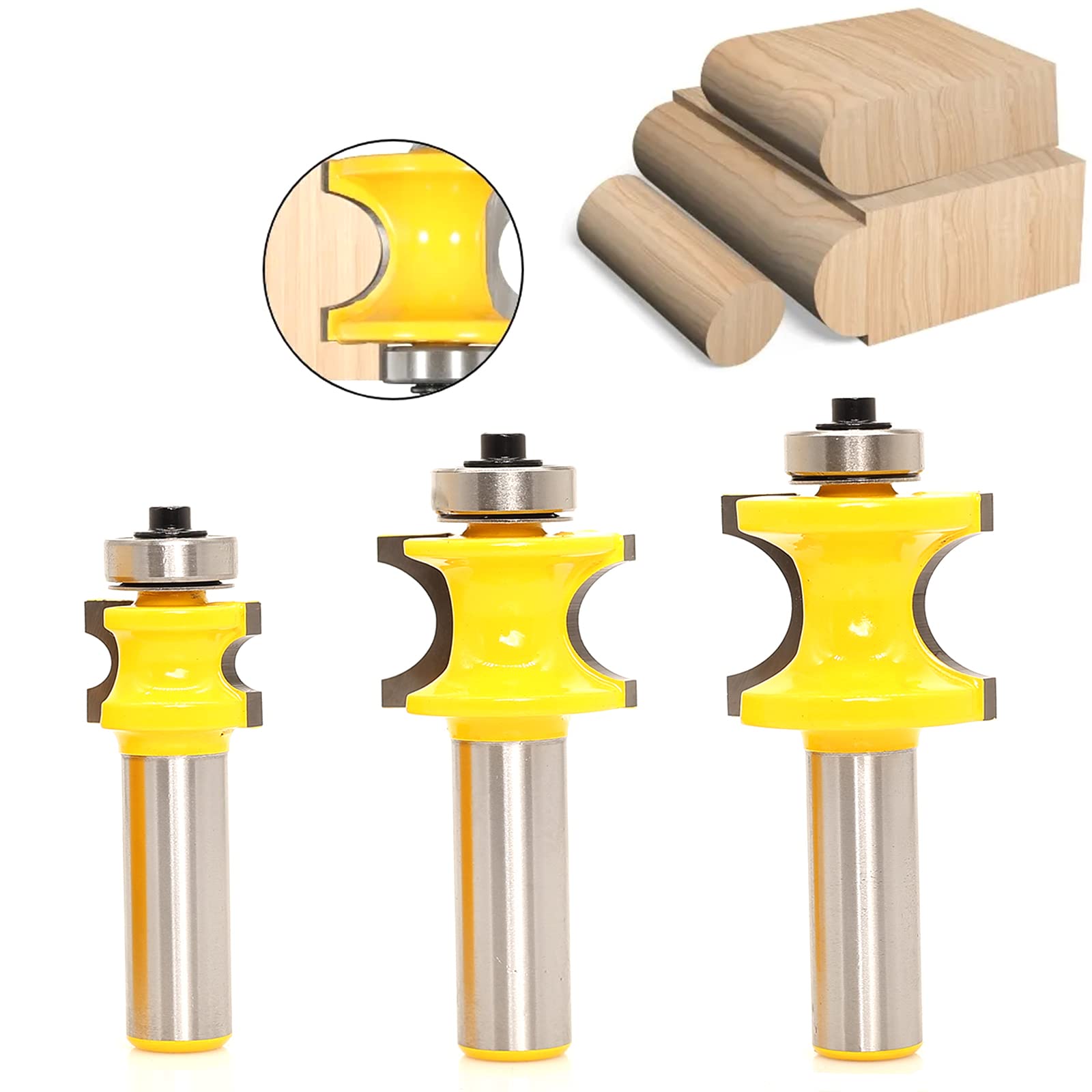 Bullnose Bead Router Bits by Promsa, 1/4-Inch Shank 3 Bits Set, Half Round Beading Bits, Edge Roundover Corner Woodworking Milling Cutter, Radius 1/8", 1/4", 5/16