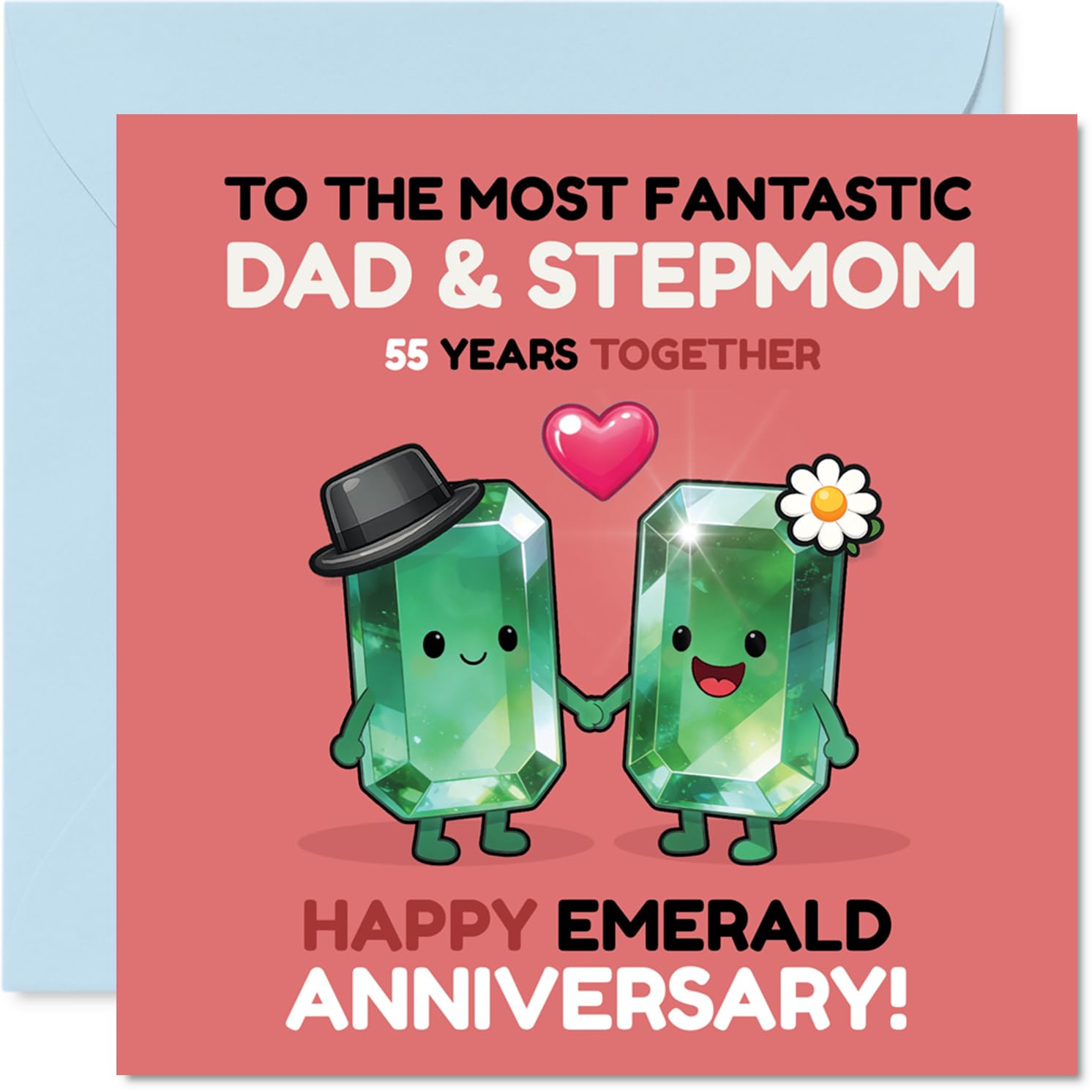 Playful 55th Anniversary Card for Stepmum & Dad - Emerald Anniversary Fun - Cute Gemstone Characters Holding Hands in Pink and Green - 145mm Square, Envelope Included