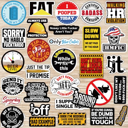 Image of 112PCS Funny Hard Hat Stickers for Adults - Waterproof Vinyl for Welding Helmet, Tool Box, Electrician, Mechanic Tools - Blue Collar Gifts for Men, Mechanic, Co-Workers