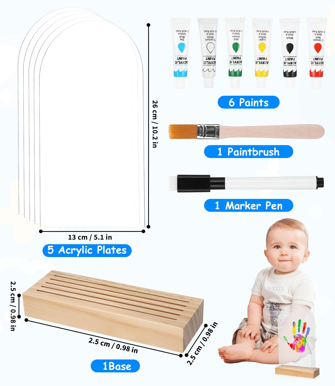 Kit Empreinte Main Famille avec 5 Plaques Plexiglas 6 Couleurs Pigments, Cadeau Bebe Naissance