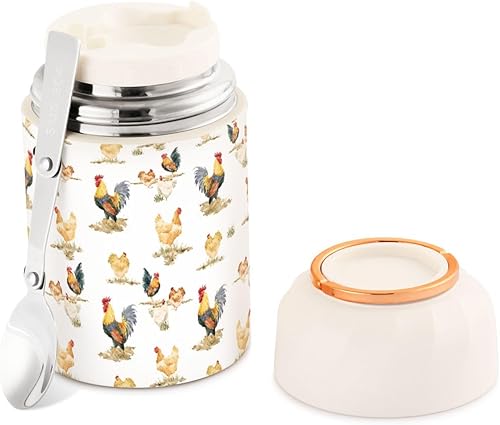 MCHIVER Rooster Food Jar with Spoon Stainless Steel Vacuum Insulated Food Container 17 oz Food Flask for Lunch