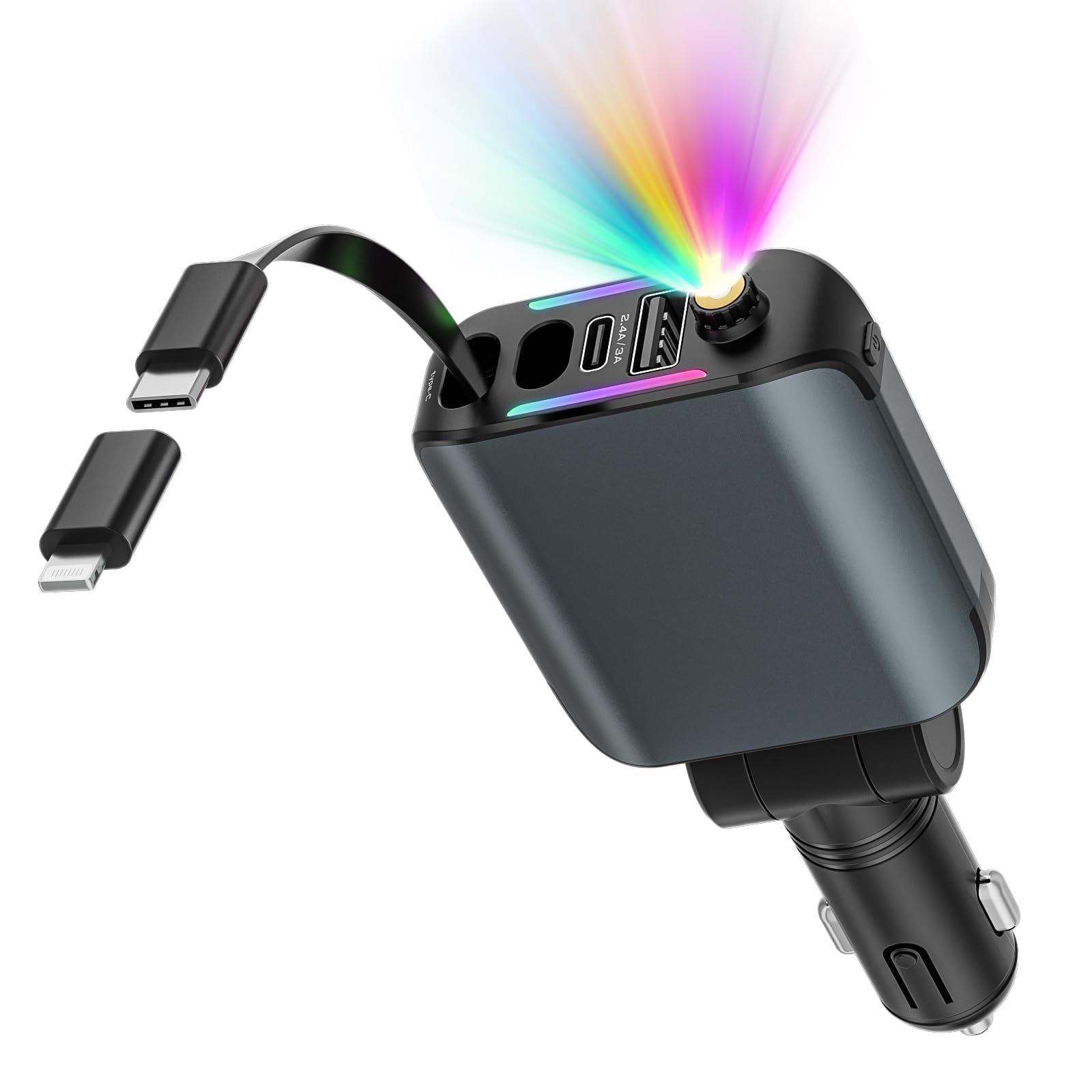 Retractable Car Charger with Starlight, 4 in 1 [120W] USB C for iPhone and Android Car Charger Fast Charging, Compatible with iPhone 16/15/14/13/12/11
