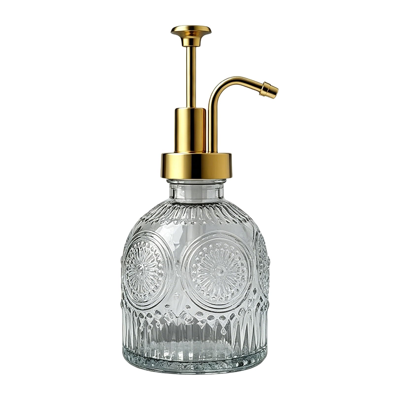 Oxxggkao Decorative Press Type Glass Bottle Soap Dispenser with Flower Embossing Pattern Great for Bathroom Sink Countertop Sun Flower Pattern Bathroom Lotion Dispenser