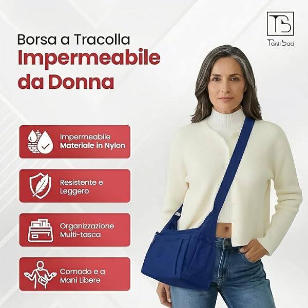 Tanti Baci Women's Waterproof Shoulder Bag, Large Shoulder Bag, Multi-Pockets with Adjustable Shoulder Strap and Internal Key Hook, Lightweight Crossbody for Work, Travel, Shopping - 3
