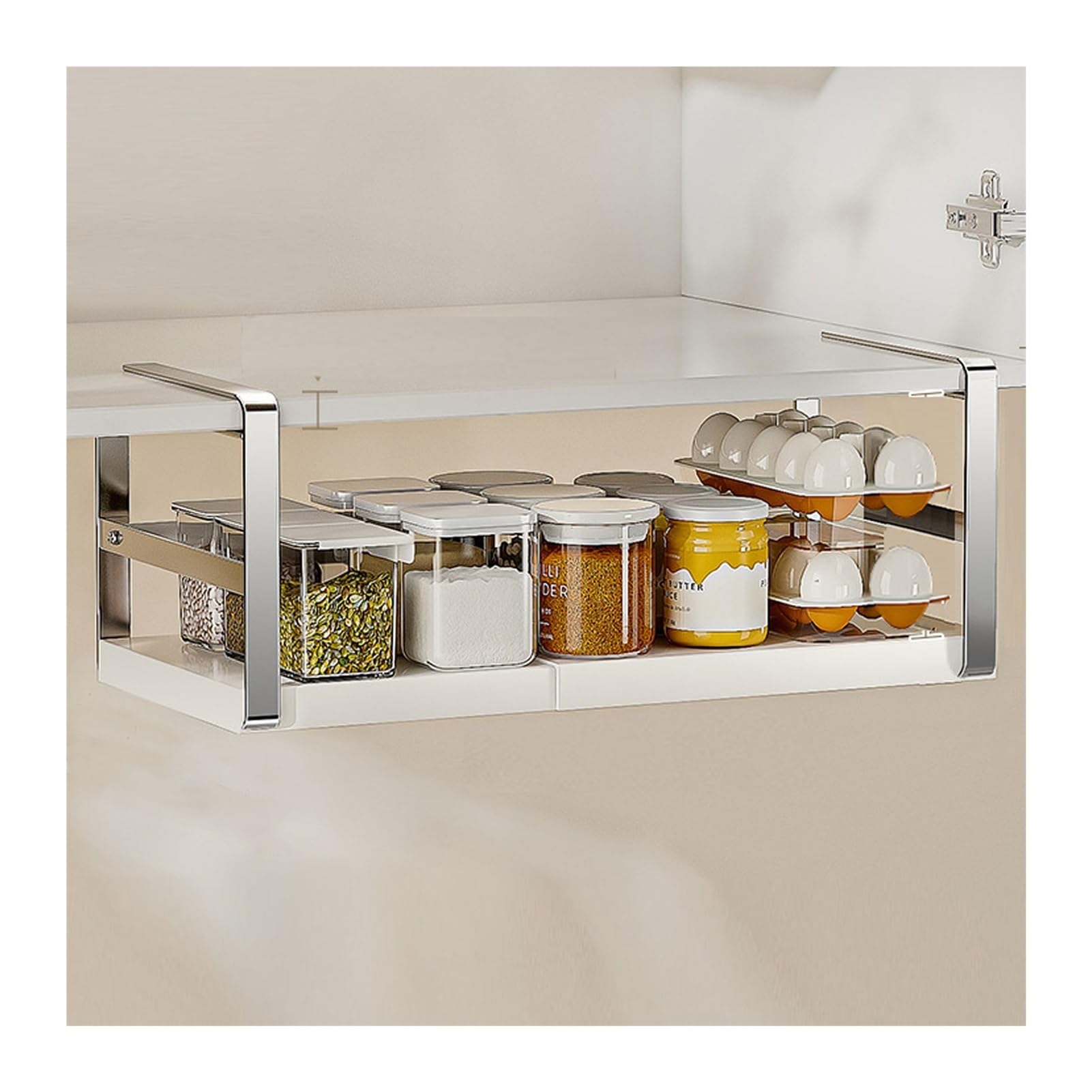 Cesta colgante de acero inoxidable para armario de cocina, organizador de almacenamiento, cesta de metal debajo del estante para oficina, baño, armario, solución de ahorro de espacio (blanco)