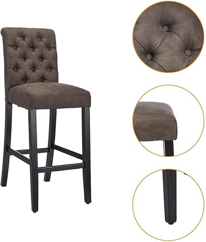 Miniatura 5 de CangLong Taburete de bar tapizado Mid-Century de cuero con patas de madera, color marrón (KU-191322)