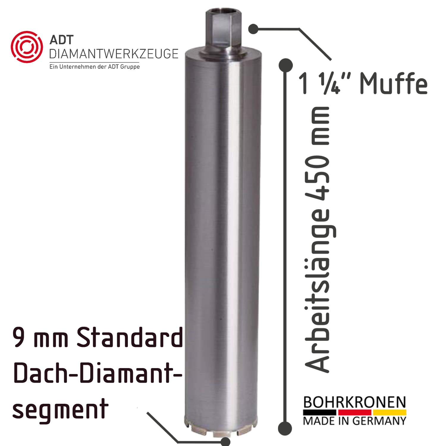 ADT DIAMANTWERKZEUGE | Diamantbohrkrone Economy Line para hormigón, ladrillo y mampostería, núcleo con segmento de techo de 9 mm y 450 mm de longitud útil | Ø 62 mm + SDS Plus adaptador