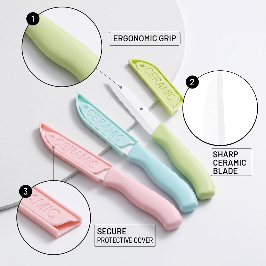 3 Pièces Couteau ceramique, Couteau ceramique cuisine, Couteaux Ceram-ique Lame De 10cm, Pour Couper Des Fruits, Des Légumes, Du Pain