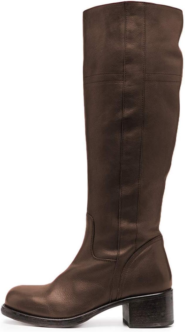 FOWT Women Wide Calf Low Chunky Heel Knee High Boots Zip-up Round Toe Western Riding Boots Pull On Fall Winter Shoes for Ladies US Size 4-16