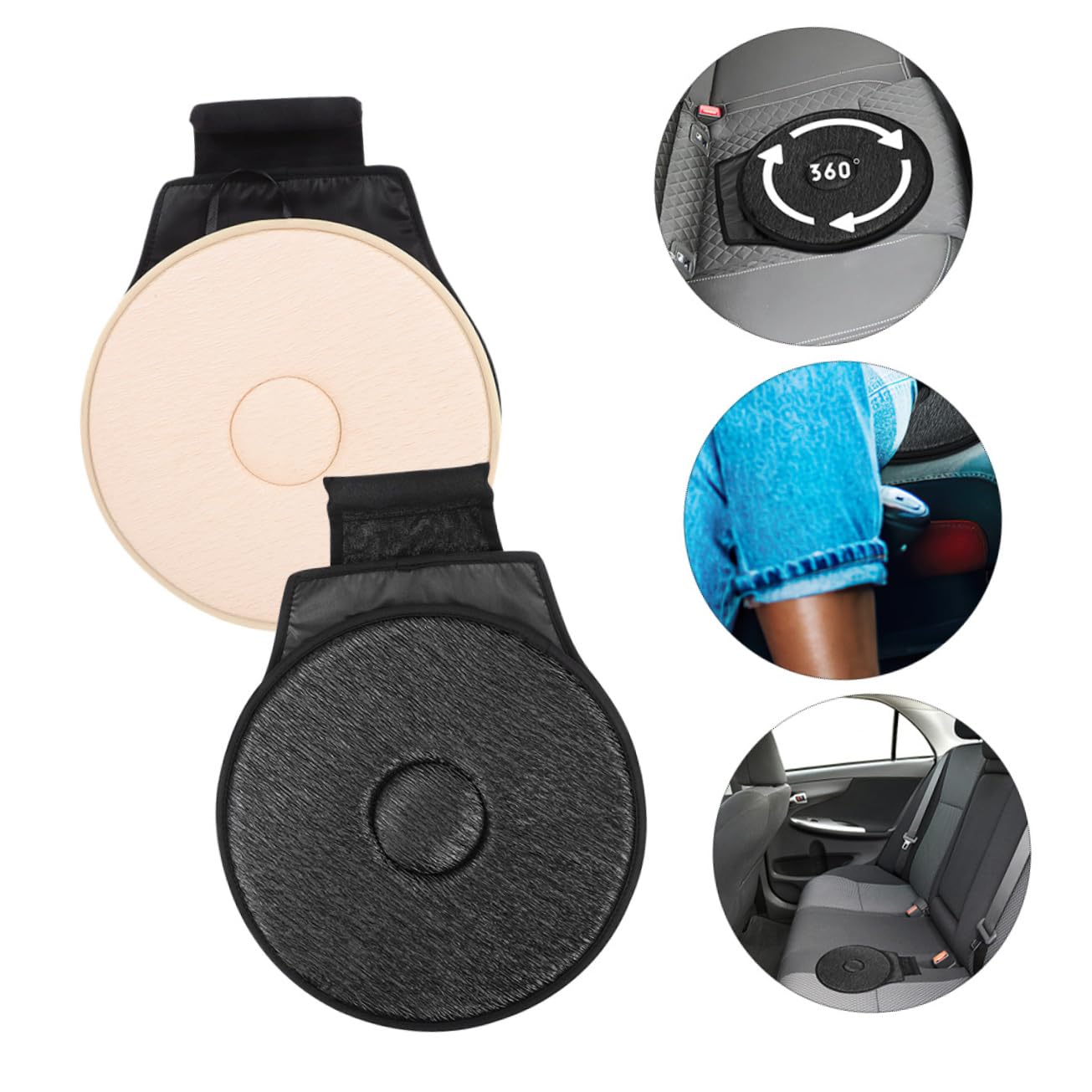 Mobestech Coussins de Siège Pivotants Installation Rapide Lot de 2 pour Voiture 360° en Tissu Noir et Beige, Confortables pour Femmes Enceintes