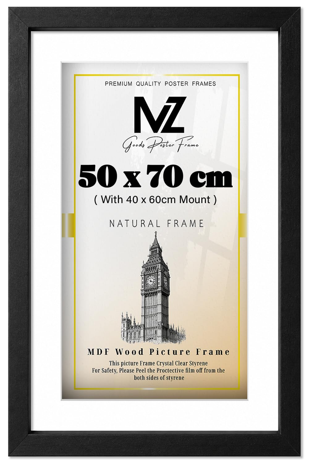 MZ GOODS | MDF Stylish Diploma Frame (50 x 70 cm) with 60 x 40 cm White Mount Wall Mounted | 20 x 28 Poster, Artwork, Professional Display Frame [ Matt Black ]