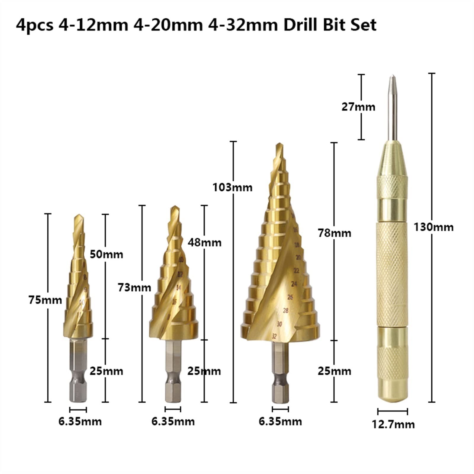 Wiertła do cięcia Wiertło stopniowe Wiertło stożkowe Hex Shank 4-12 4-20 4-30mm Wycinak do otworów w metalu z dziurkaczem Wiertło do metalu HSS pokryte tytanem (Kolor: 3 szt. Z torbą) (3 szt. Z torb