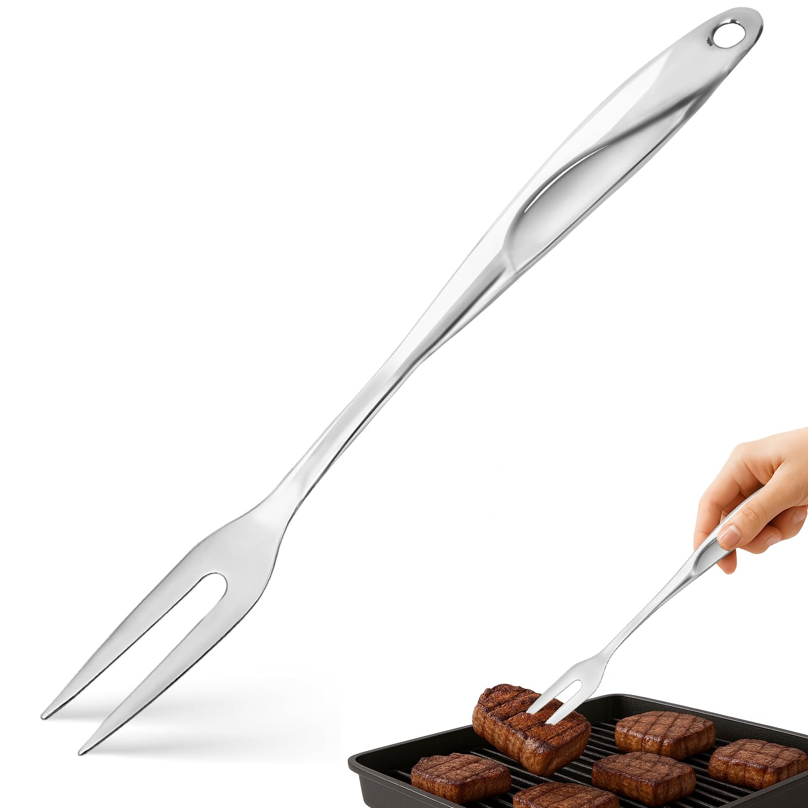 HANSGO 14.6" Stainless Steel Carving Fork for Meat, 2-Prong Serving & Grilling Fork with Hanging Hole, Hollow Handle for Better Heat Reduction, Kitchen Utensil for Cooking & Serving