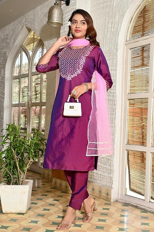 Image of Purple Art Slik Kurta Set