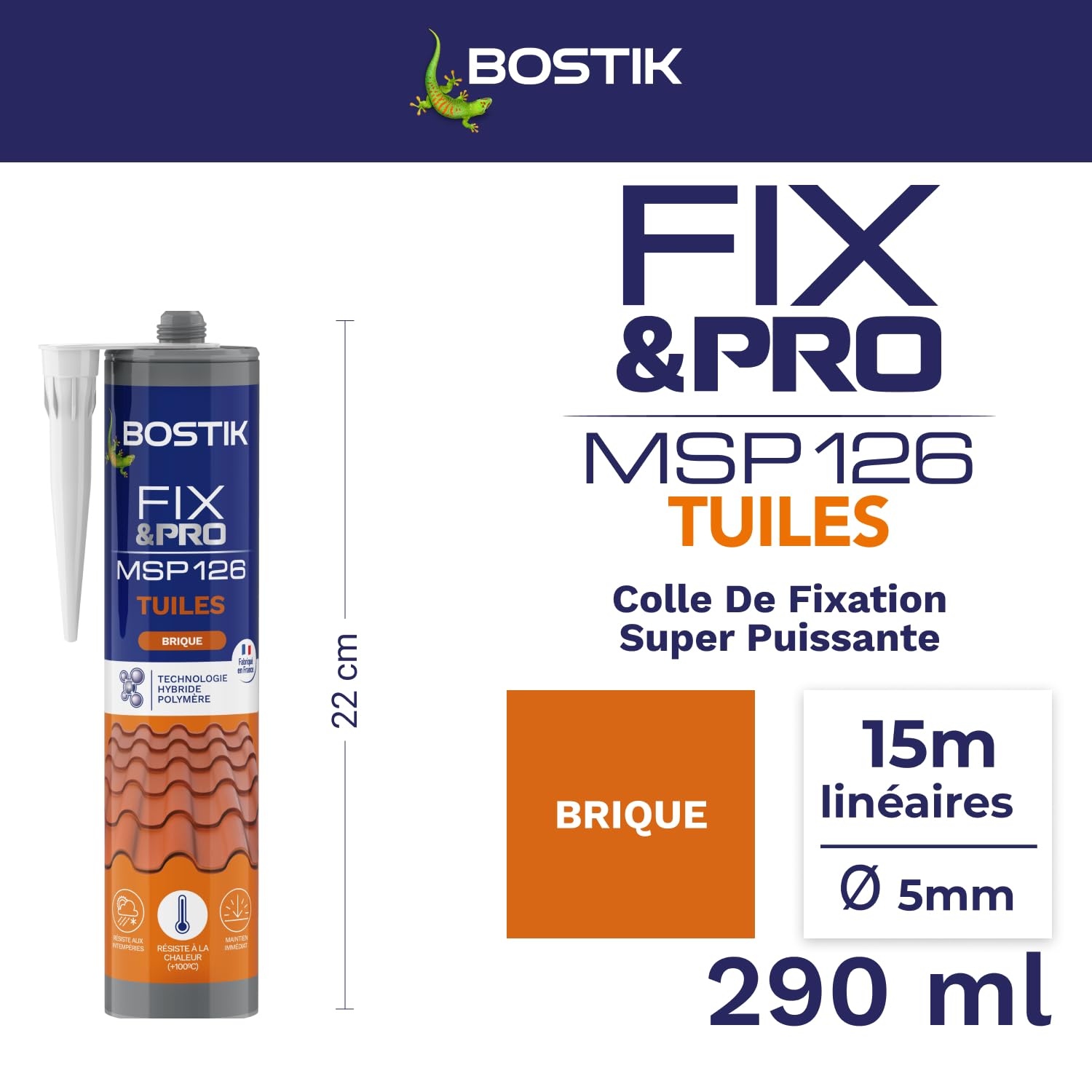 Bostik FIXPRO - Mastice Tegole Rosso MSP 126 per Tetti e Piastrelle in Silicone - Presa Rapida - Ibrido Polimerico - Colore Mattone - 1 Cartuccia 290 ml