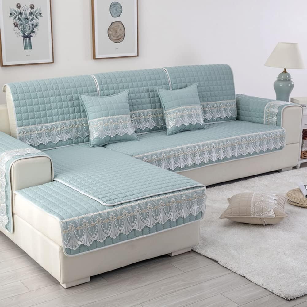 vctops Farmhouse Solid Color Sofa Slipcover Non Slip L Shape Sofa Cover Lace Trim Plaid Quilted Sectional Couch Cover Furniture Protector Cover for Pets Kids Children Dog Cat (Light Green,36"x47")