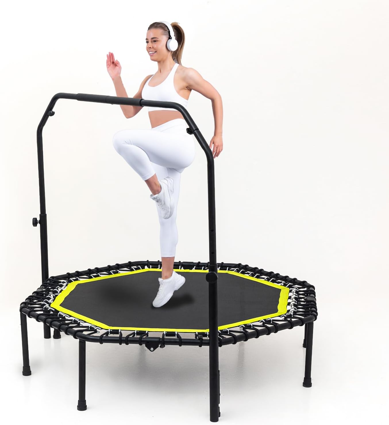 Fitness Trampoline for Adults - 40"/48" 330 LBS Foldable Rebounder with Adjustable Foam Handle, Quiet Indoor Mini Workout Trampoline Black & Yellow