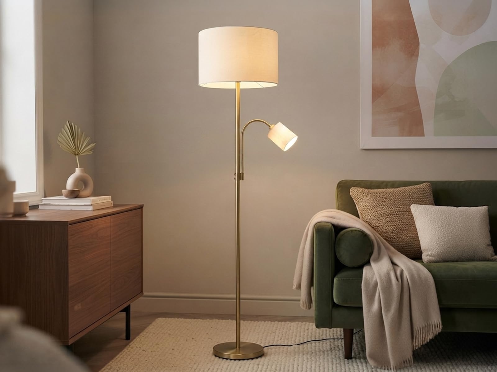 meineWunschleuchte Lampa stojąca z mosiądzu z lampką do czytania i abażurami materiałowymi w kolorze kremowo-białym, wysokość 170 cm