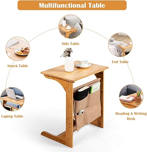 Miniatura 8 de Tangkula Bandeja de TV de bambú para sala de estar, mesa auxiliar de sofá, mesa auxiliar de aperitivos con bolsa de almacenamiento, mesa auxiliar de