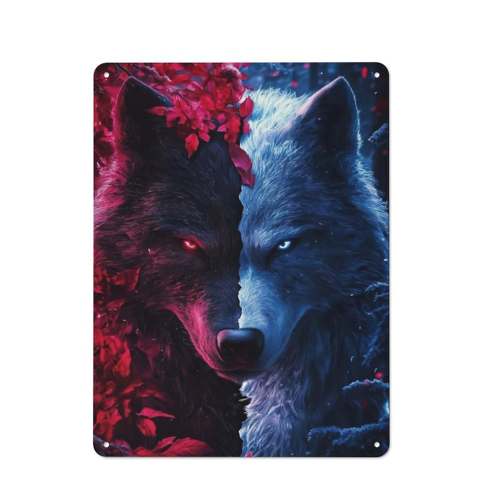 Dual Wolves Red And Blue Printed Metal Sign 40x30cm for Café Or Home Bar, Housewarming Wall Decor for People Furnishing Café And Home Bar